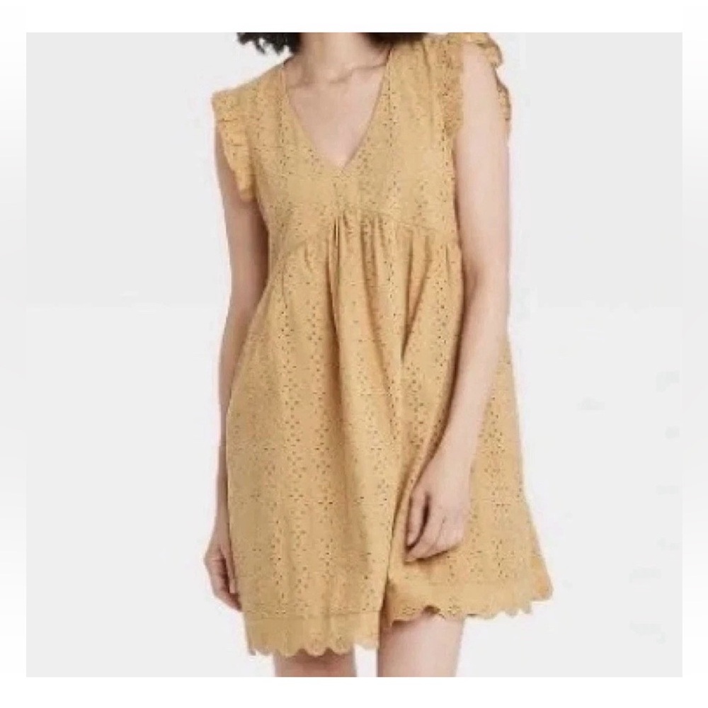 Knox Rose Tiered Dress Peasant Boho Eyelet Babydoll Empire‎ Waist Beige Small